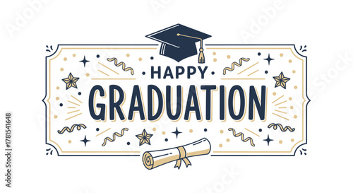 Stylish Happy Graduation Banner Design with Cap Diploma and Confetti