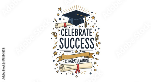 Graduation success emblem with cap, diplomas, and congratulations message
