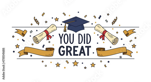 Celebratory academic achievement banner with a graduation cap and scrolls