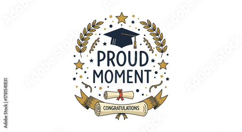 Graduation ceremony badge with academic hat and congratulations scroll on