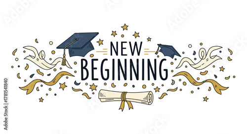 Graduation success confetti stars ribbons celebration cap diploma