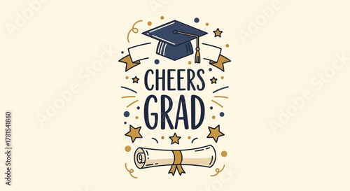 Illustrated Graduation Celebration with Cap, Diploma, and Festive Elements
