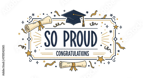 Graduation achievement celebration with diplomas and cap insignia design