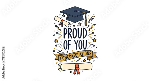 Inspiring achievement phrase with diploma and graduation cap elements