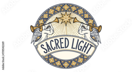 Sacred Light emblem with trumpeting angels and shining star design