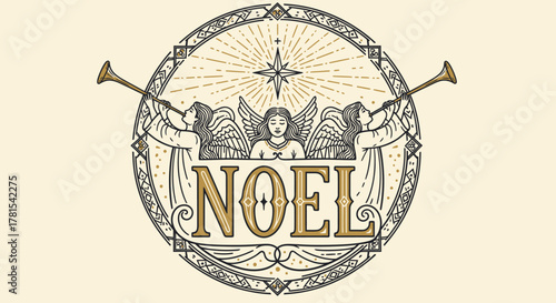 angelic heralds singing noel in stylized decorative circular emblem