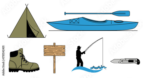 Plan an outdoor adventure with camping, kayaking, and fishing gear, all set for exploration and fun in the wilderness, ready to create memorable moments
