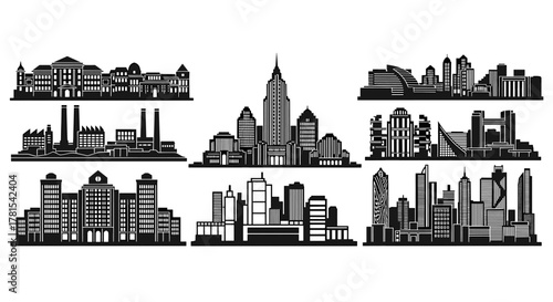 Diverse cityscapes in black and white offer modern architectural skyline views, perfect for urban planning and creative city development projects today
