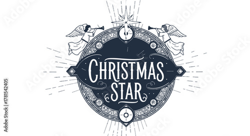 Christmas Star vintage emblem with angels and trumpet for holiday design