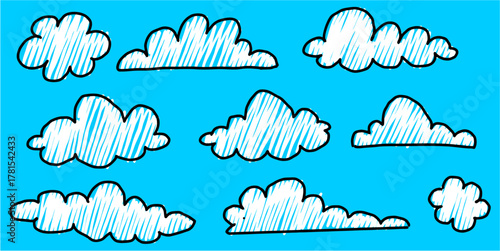 Set doodle cloud hand-drawn vector. Collection ideal for weather, cartoon, and thought bubble themes. Symbolizes ideas, dreams, and atmospheric elements in a casual style.