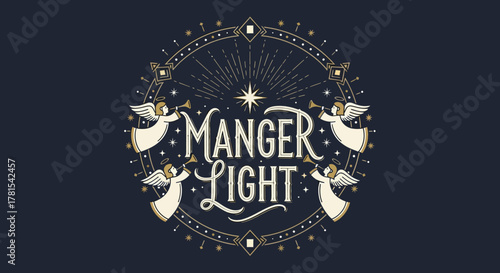 Manger Light Christmas Design with Angels and Stars on a Dark Blue Background,