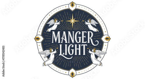 Manger Light circular logo with celestial trumpeter angels and shining star