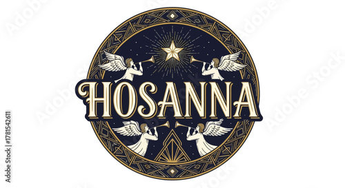 Divine Heraldry: A Majestic Hosanna Emblem with Angelic Trumpeters