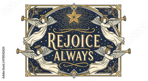 angelic trumpeters herald a celestial message 'rejoice always' with stars