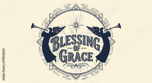 Vintage-style circular emblem with angels heralding divine grace and blessing