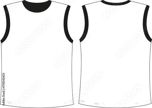 Men's sleeveless shirt technical sketch, front and back view, black trim, fashion flat, athletic wear, apparel design template