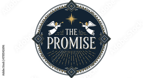 A circular logo with angels and a star, proclaiming 'The Promise' in a vintage