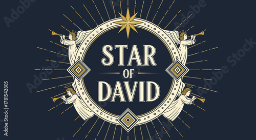 Celestial heraldry with trumpeting figures and guiding star emblem