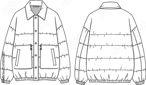 Puffer jacket technical flat sketch, winter outerwear fashion design, vector clothing template, padded coat illustration, front and back view drawing