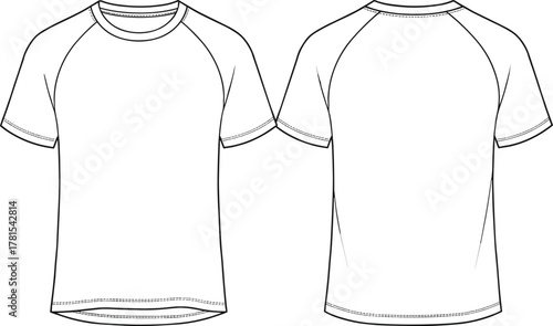 Short sleeve raglan t-shirt technical flat sketch, apparel fashion design, vector clothing template, blank tee outline, front and back view illustration