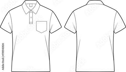 Short sleeve polo shirt technical sketch, front and back view, fashion flat, apparel design template, vector