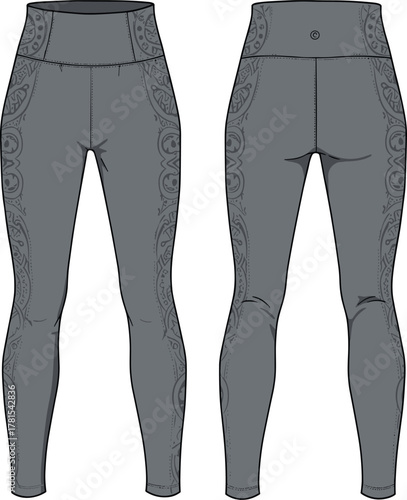 Women’s high waisted athletic leggings illustration, stylish fitness pants design template, yoga activewear apparel concept, fashion garment technical drawing