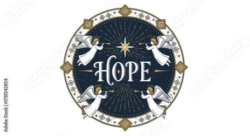 Hopeful celestial design with trumpeting angels and guiding star, festive emblem