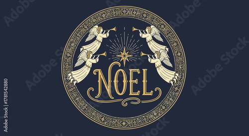 vintage holiday noel banner with ornate angels and central shining star emblem