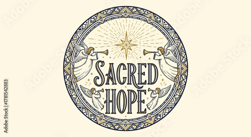 Divine Heraldry: Angels, Star, and Textured Border Proclaiming Sacred Hope