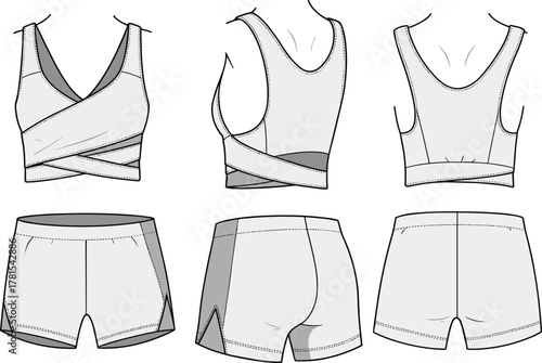 Women’s activewear outfit illustration, stylish crossover sports bra and fitness shorts design, gym workout clothing template, athletic garment fashion concept