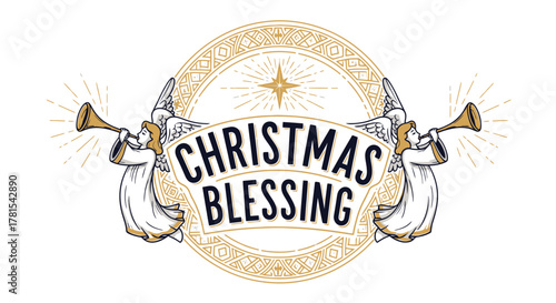 angelic proclamation of christmas blessing with star and ornate ring isolated