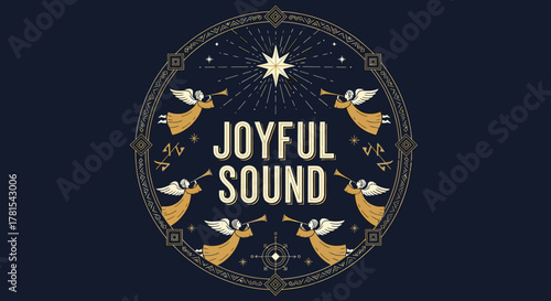 Celestial chorus: joyful sound with trumpet-playing angels and shining star