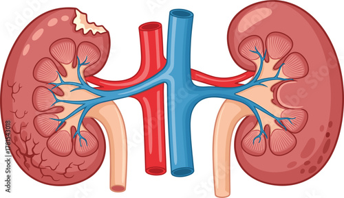 Anatomical illustration of healthy and diseased human kidneys with blood vessels, ureters, and internal renal structures