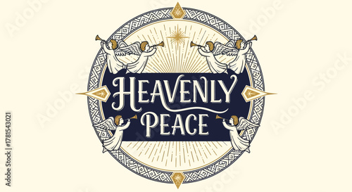 Celestial harmony emblem with trumpet-playing angels and 'Heavenly Peace'