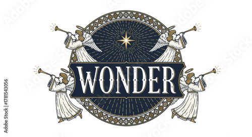 Illustration depicting four angels blowing trumpets around a star and word