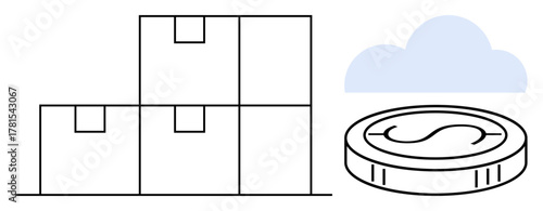 Stack of boxes next to a coin and cloud. Ideal for logistics, e-commerce, storage, shipping, finance, warehouse management, digital economy. Minimalist flat metaphor