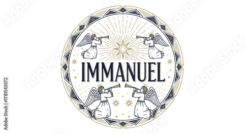 Immanuel text emblem with angels blowing trumpets, starburst background details