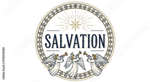 A spiritual emblem with celestial trumpeters encircling the word Salvation