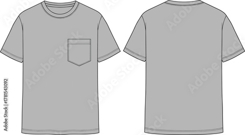 Short-sleeve t-shirt, fashion flat sketch, chest pocket, round neckline, technical drawing, front back view, template