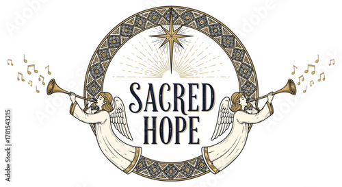 angelic trumpeters celebrating 'sacred hope' with musical notes and shining star