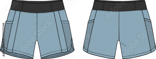 Athletic running shorts technical flat illustration, front and back activewear design sketch with pockets, waistband details, fashion apparel template for production