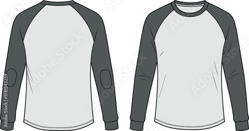 Raglan sleeve long shirt technical flat illustration, front and back apparel design template, fashion garment sketch with elbow patches for clothing production