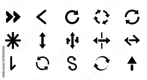 Black and white arrow icons isolated on white background, including direction, refresh, and rotation