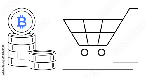 Stacked Bitcoin coins next to a shopping cart symbolizing digital currency use in buying and selling. Ideal for cryptocurrency, e-commerce, blockchain, finance, online trade, technology, simple flat