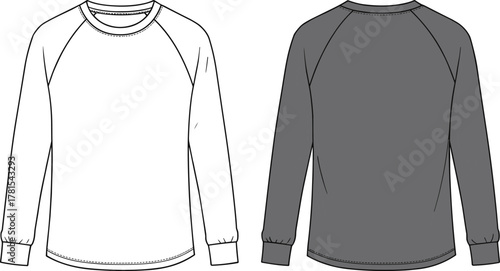 Long sleeve raglan shirt technical flat illustration, front and back apparel template, fashion garment design sketch for clothing production detailsLongraglan shirt technical flat illustration, 