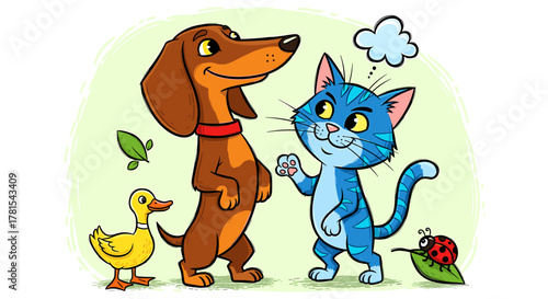 Whimsical cartoon featuring a friendly dachshund, blue tabby cat, yellow duckling, and ladybug for charming children's designs and educational resources