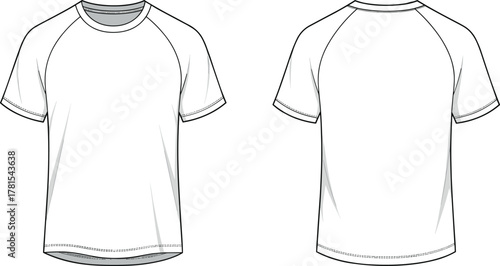 Blank raglan sleeve t-shirt front and back technical fashion illustration, sportswear apparel template drawing, casual clothing design sketch, garment concept