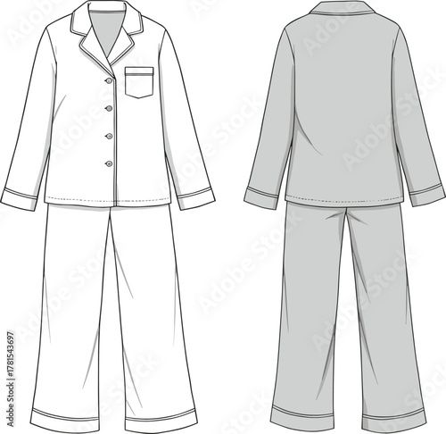 Classic long-sleeve pajama set clothing illustration, front and back technical sketch, sleepwear fashion design template, comfortable nightwear apparel style drawing