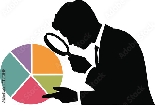 Businessman silhouette analyzing financial pie chart with magnifying glass