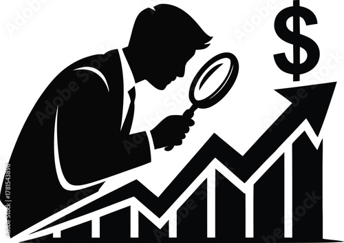 Businessman examining financial growth chart with magnifying glass silhouette
